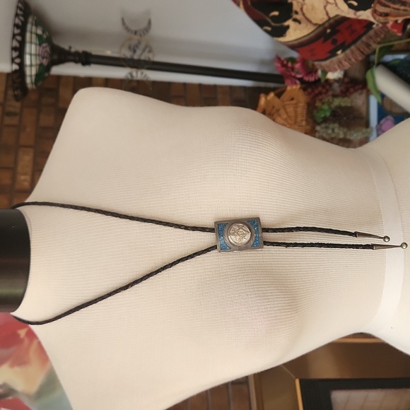 Masonic bolo tie silver metal tips turquoise stone inlays made in Mexico - Picture 1 of 11